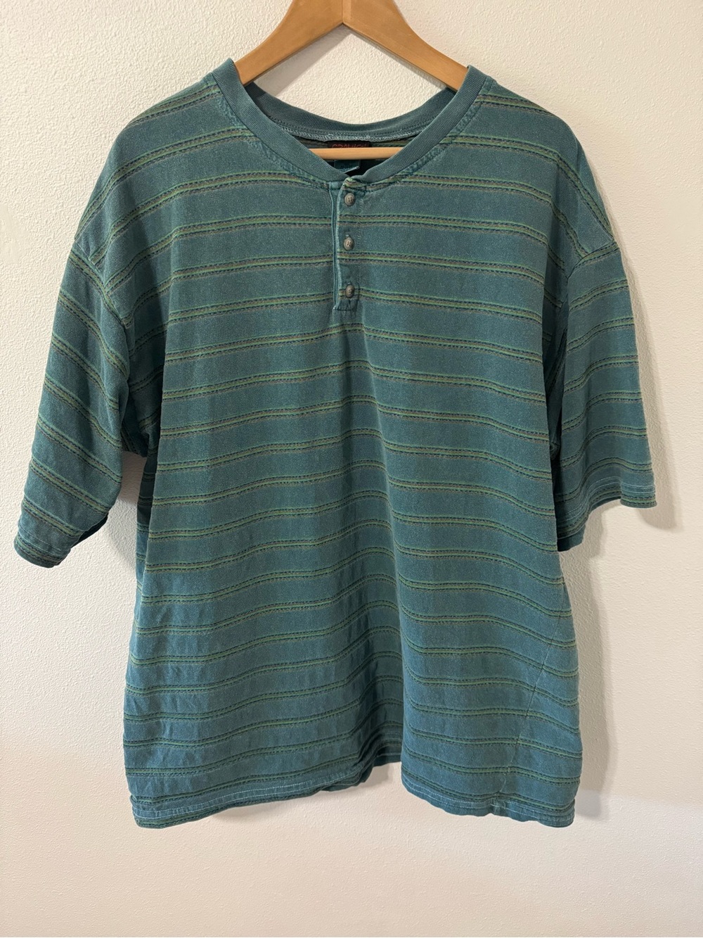Vintage 90s Gramicci Jacquad Stripe Short Sleeve Henley Tee Faded Green USA-XL